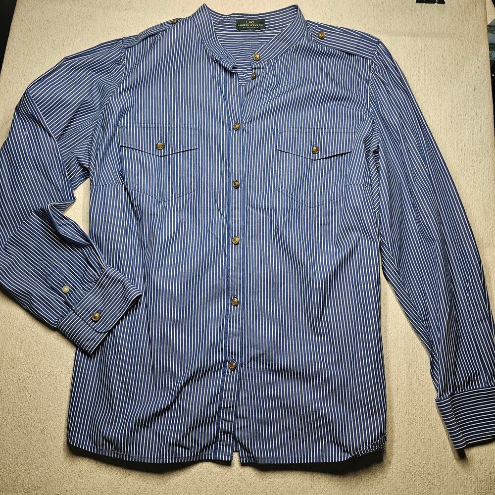 LRL Ralph Lauren Blue White XL Captain Button Up Blouse Striped Academia Preppy - Picture 2 of 12